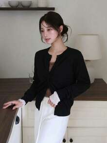 Cardigan Lengan Panjang Hitam Elegan untuk Wanita, Rajutan Rib, Kancing Depan, Potongan Reguler, Pakaian Luar Serbaguna - Hitam - View 4