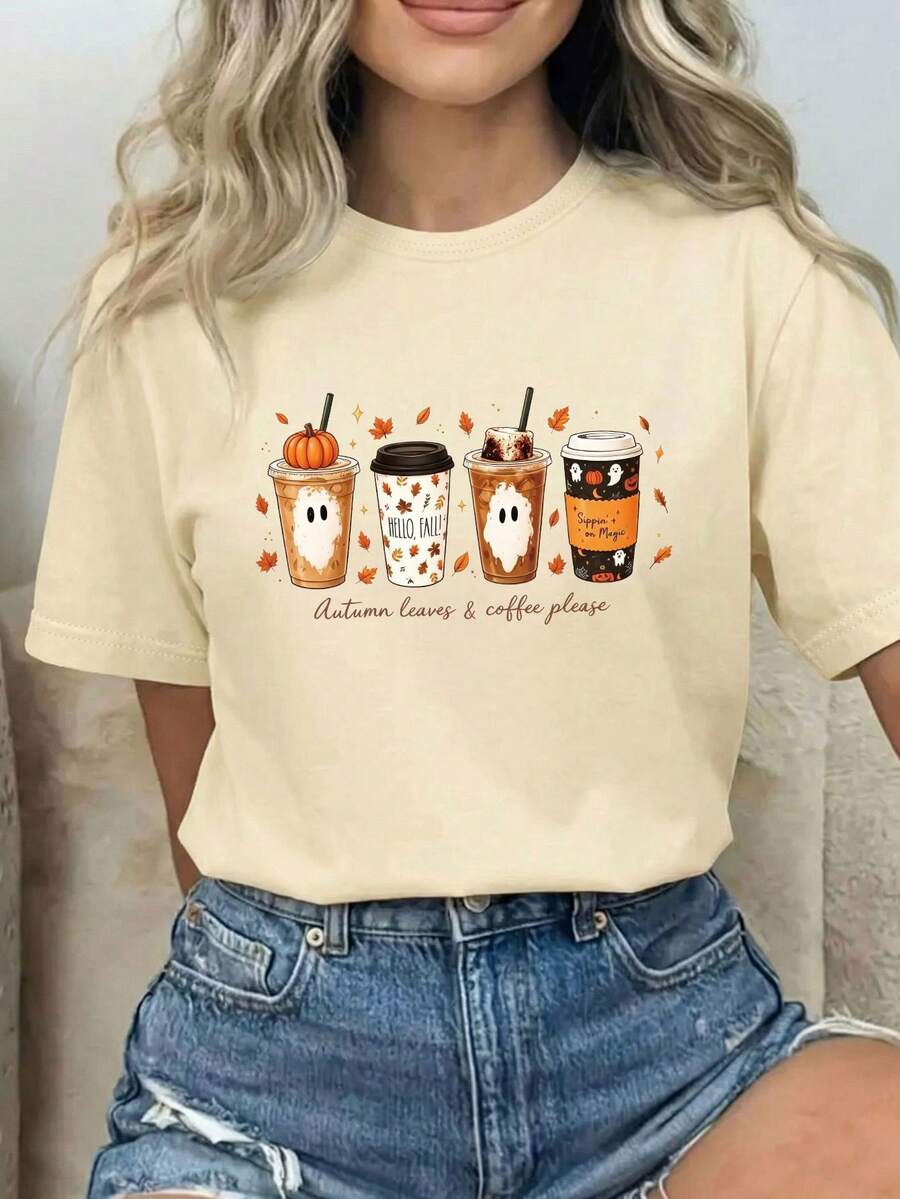 Plus Size Women's Daily Ghost Print On Coffee Cup Round Neck Short Sleeve Casual Spring/Fall/Summer Plus-Size T-Shirt Top Going Out Tops Women - Apricot - View 1