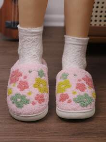 Girls' Colorful Floral Plush House Slippers, Flower Embroidered Closed-Toe Thick Sole Non-Slip Autumn/Winter Indoor Children's Slippers - Pink - View 5
