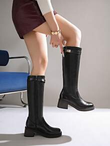 Plus Size Women's Retro Square Toe Chunky Low Heel Knee-High Boots, Autumn/Winter Daily Street Casual Fashion Boots - Black - View 6