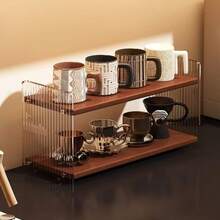 2-3‑Tier Acrylic & Bamboo Countertop Storage Shelf, Desktop Mug Cup Organizer Rack, Kitchen Counter Display Stand For Coffee Gear, Mugs & Small Kitchen Supplies - View 2