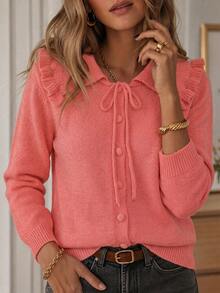 Women's Autumn/Winter Vintage Large Lapel Ruffle Knit Cardigan, Girlish Frill Collar Knit Cardigan Fall - Watermelon Pink - View 2