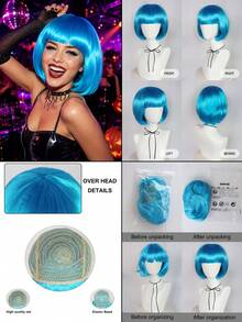 Dopamine Color Bob Wig With Bangs, Bright Neon Colors, Perfect For Cosplay, Festivals, Y2K, K-POP, Daily Wear, Halloween, Stage, Party. Comfortable And Breathable Cap Design, Suitable For Long-Term Wear, Photography, Fan Support, Fashion Styling. - Multicolor - View 7
