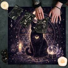 1pc Black Cat Tarot Cloth, Moon Star Pentagram Altar Cloth, Witchy Divination Tablecloth, Soft Fabric Tarot Card Mat For Tarot Reading, Wiccan Spiritual Ritual Decor - Black - View 9