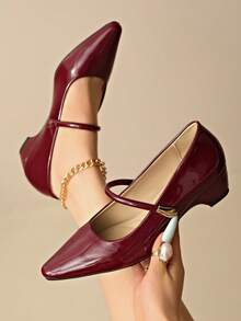 French Style Chunky Heel Mary Jane Shoes 2026 Autumn Square Toe Comfortable Mid Heel Single Strap Shoes For Women - Burgundy - View 1