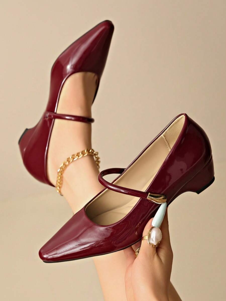 French Style Chunky Heel Mary Jane Shoes 2026 Autumn Square Toe Comfortable Mid Heel Single Strap Shoes For Women - Burgundy - View 1