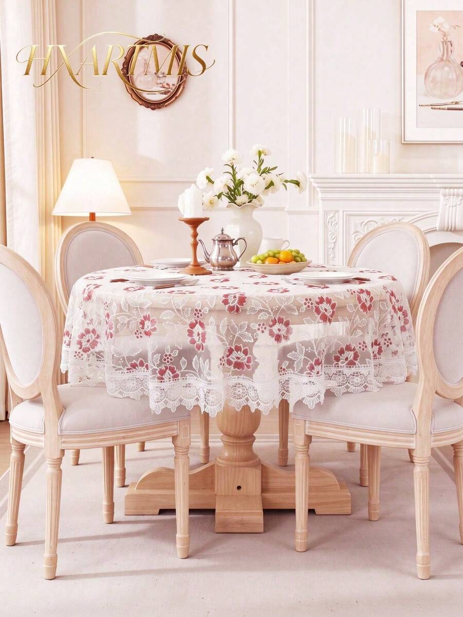 HXARTMIS 1PC Hollow Lace Floral Embroidered Round Tablecloth, Water-Soluble Lace Trim, Washable Polyester Fiber Tablecloth, Suitable For Coffee Side Table, Wedding, Holiday, Home Tabletop Decoration - White - View 1