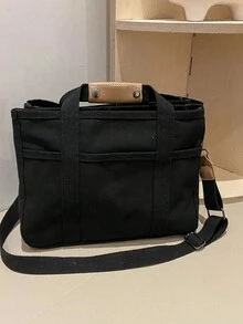 Multi-Compartment Solid Color Canvas Tote Bag, Large Capacity Handbag For Women, Minimalist Design, Multifunctional Shoulder Bag, Crossbody Bag For Outings - Black - View 6