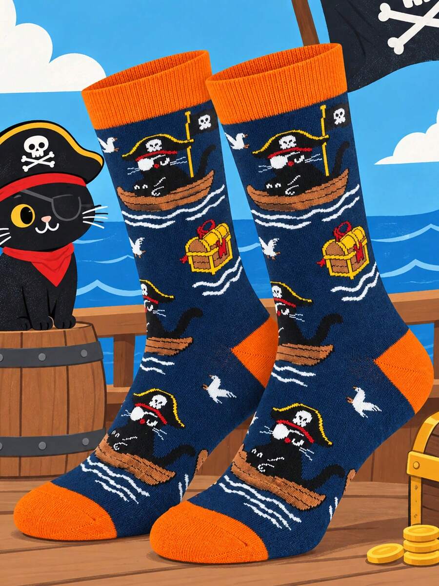 1 Pair Of Crew Sock, Men Funny Graphic Socks, Pirate Black Cat Treasure Chest Ocean Pattern Socks, Soft Breathable, Halloween Christmas Gift For Men - Multicolor - View 1