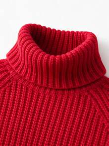 Women's Fall Winter Red Chunky Ribbed Knit Turtleneck Oversized Pullover Sweater, Folded Wide Cuffs Warm Casual Daily Wear - Red - View 8