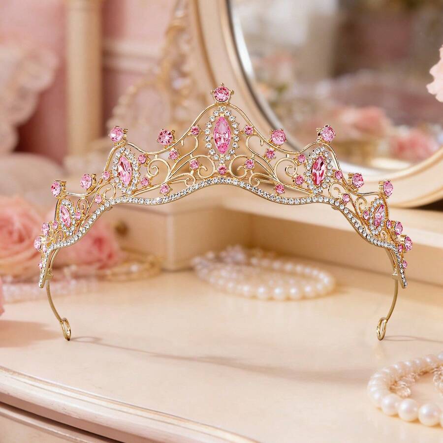 1pc Women's Fashion Princess 3D Crown Sweet Luxury Rhinestone Birthday Hair Accessory Headband - Pink - View 1