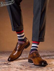 5 Pairs Random Assorted Men's British Vintage Striped Mid-Calf Socks, Breathable, Sweat-Absorbent, Soft, Skin-Friendly, High-Elastic Ribbed Cuff, Contrast Horizontal Stripes, Daily Commute, Casual, Business Wear, All-Season - Multicolor - View 5