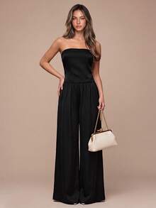 Elegant Black Satin Women's 2 Pieces Set, Bandeau Top + Wide Leg Pants, Suitable For Casual Fashion Or Formal Occasions - Black - View 6