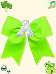 1pc Girls Bright Grosgrain Ribbon Bow Hair Clip, Pearl Rhinestone A-Z Alphabet Letter Decor Bow Hair Barrettes, Cute Girls Daily Hair Accessories - Lime Green - View 20