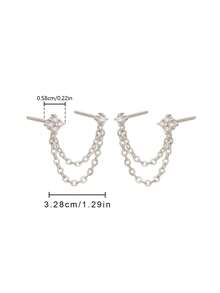 2pcs Cubic Zirconia Decor Chain Pendant Stud Earrings, Hypoallergenic Jewelry Suitable For Gift To Women - Silver - View 5