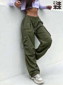mulinsen Women's Drawstring Waist Cargo Pants, Casual Wide Leg Multi-Pocket Parachute Pants, Loose Street Style Cuffed Long Pants - Army Green - View 6
