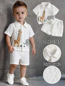 2pcs Baby Boy Textured Cute Cartoon Print Shirt And Shorts Street Fashion Children Set - White - View 3