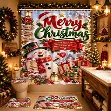 1/4pcs Christmas Theme Shower Curtain Set With Cute Snowman, Christmas Tree And Gift Box Pattern, 12 Hooks, Waterproof Polyester, Bathroom Curtain, Privacy, Thickened, Durable Quick Dry, 180*180cm Size, Christmas Bathroom Decor - A - View 15