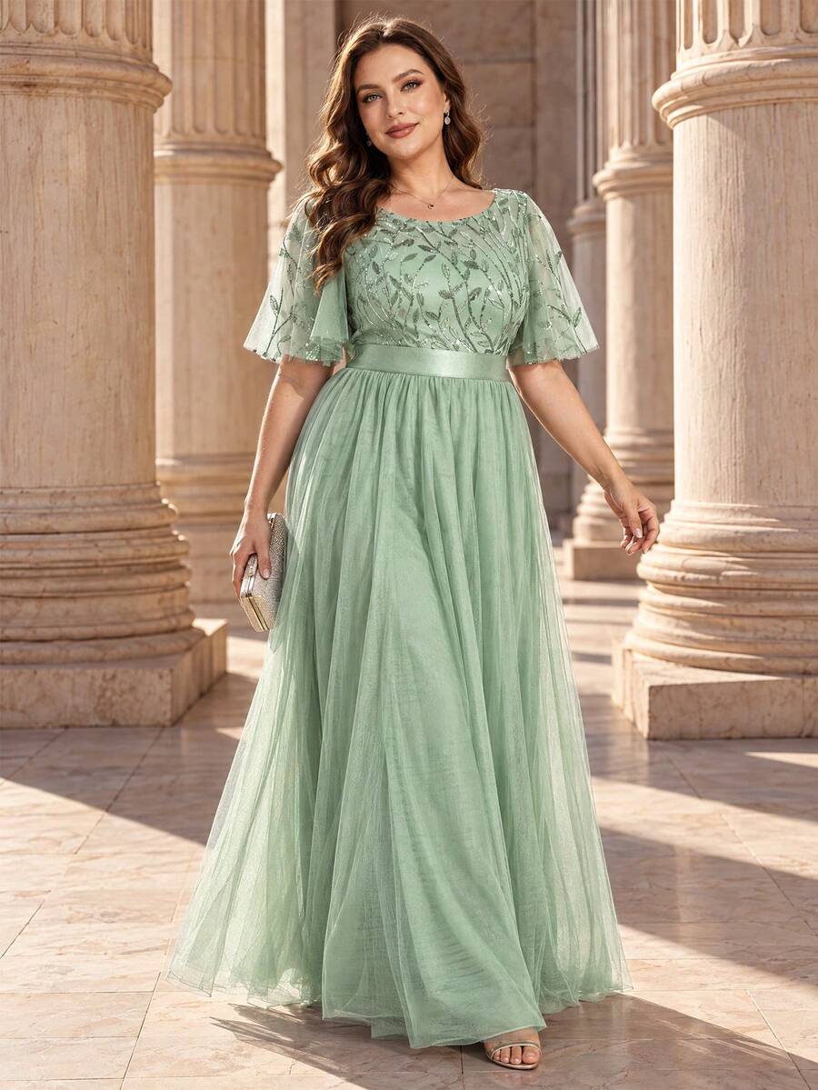EVERPRETTY Elegant Contrast Sequin Mesh Green Bridesmaid Dress, Formal Party Spring Wedding Guest Gown, Holiday Dress Fall