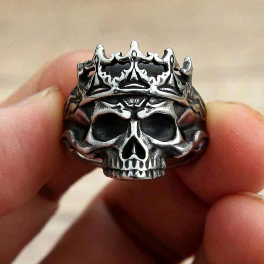 1pc Ring For Men, Fashionable, Domineering, Vintage, Distressed, Skull-Shaped, Smooth Surface, Open-End Ring - Multicolor - View 1