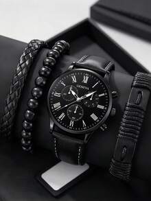 4pcs Creative Watch And Bracelet Set: Includes A Casual-Chic Men's Watch With A Faux-Leather Strap And Multiple Bracelets. - Black - View 7