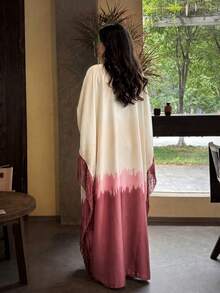 Hafizah Women's Silk-Like Gradient Color Dress, White To Pink-Purple Gradient Long Robe With Tassel Trim, Suitable For Elegant Occasions, Red Autumn Style - Red - View 7