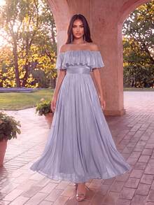 EVERPRETTY Elegant Sparkling Off-Shoulder Ruffle Glitter Flowy Bridesmaid Dress For Beach Wedding, Light Color Palette, Evening Party - Mauve Purple - View 2