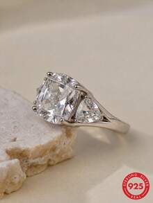 Light Luxury Banquet Style S925 Silver Zirconia Ring, Cushion-Cut Large Main Stone With Triangle Side Stones, Niche Gift Ring - Silver - View 6