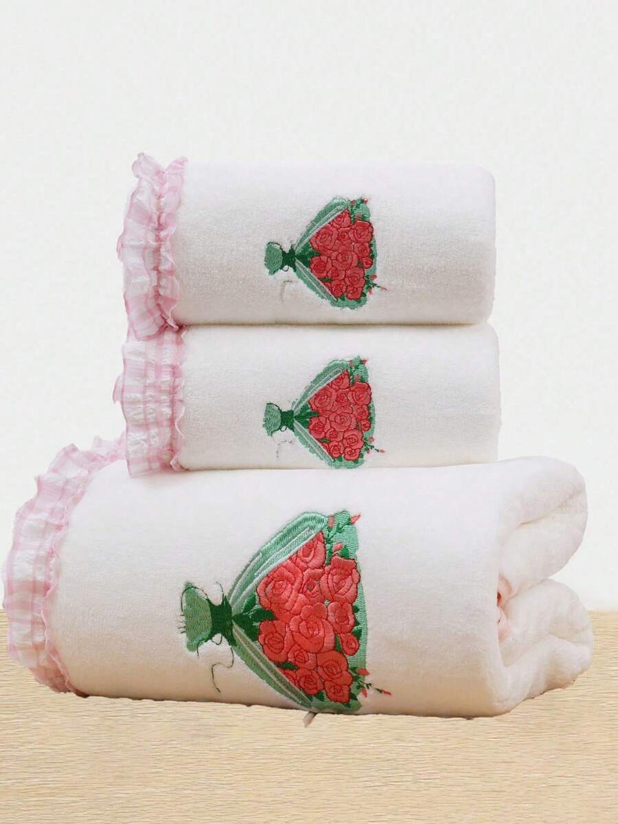 珊瑚絨刺繡玫瑰浴巾，浴室浴巾，花束，婚禮裝飾，伴娘，吸水微纖維純色刺繡浴巾或毛巾，情侶風居家手巾浴巾，柔軟親膚浴室毛巾，浴室用品，沙灘巾，適用於浴室、學校、開學季、居家必需品 - 白色 - 查看 1