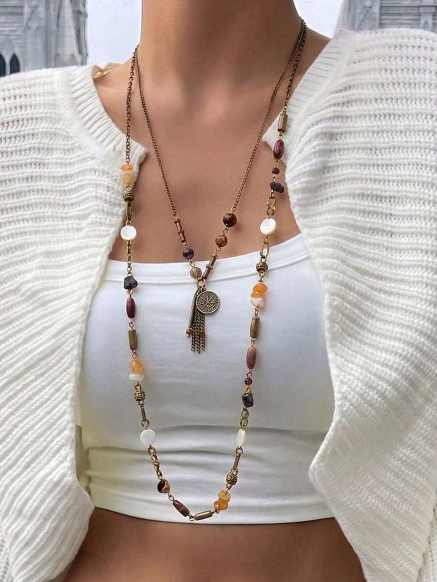 Bohemian Long Necklace, Bronze-Tone Mixed Stone Beads, Shell, Coin And Tassel Chain, Earth Tone Vintage Jewelry For Women - Multicolor - View 1