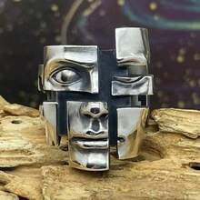 CIREY 1pc Vintage Personalized Design Split Personalized Mask Imitation Thai Silver Ring, Versatile Men's Ring Suitable For Daily Wear, Couple Style - Antique Silver - View 6