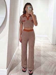 Casual Autumn Women's Striped 2 Pieces Set, Short Sleeve Shirt Collar Crop Top With Matching Wide Leg Pants, Slightly Stretchy Fabric - Burnt Orange - View 4