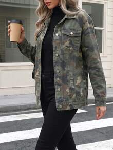 Women's Casual Long Sleeve Jacket With Button Camouflage Print And Pockets - Camouflage Color - View 7