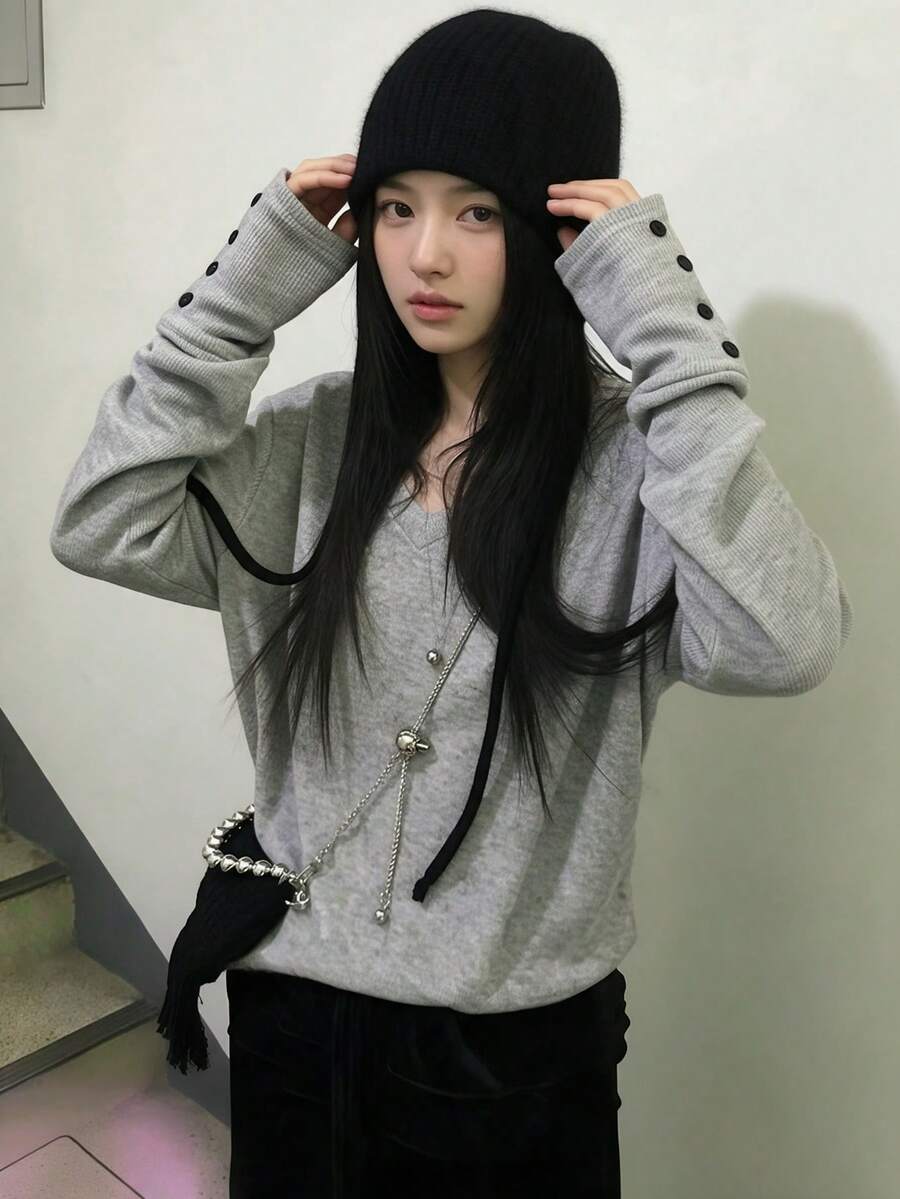 Women's Autumn V-Neck Casual Loose Pullover Top With Button Cuffs - Grey - View 1