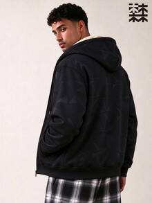 mulinsen Men's Fleece Hooded Zip-Up Jacket, Loose Fit Thick Winter Geometric Print Casual Top - Black - View 2