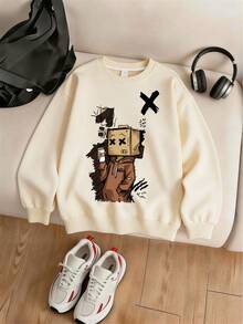 2pcs Set Suitable For Teen Boys, Crew Neck Sweatshirt And Elastic Waist Pants Set, Graffiti Cartoon Character Cardboard Head With Coffee Print Pattern Crew Neck Sweatshirt + Jogger Sweatpants Set, Suitable For Autumn/Winter Daily Wear - Multicolor - View 6