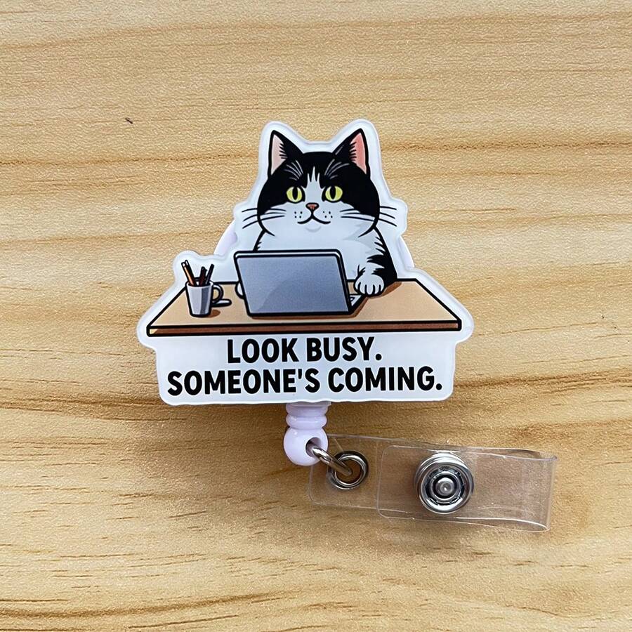 1pc Retractable D-Shaped Badge Reel Lanyard, Cute Cat Cartoon Design, Nurse Hospital ID Badge Clip Office Lanyard - A - View 1