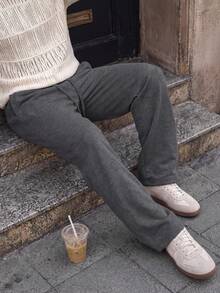 Men Fall Elastic Waist Wide Leg Sweatpants, Dark Grey Side Seam Detail Drawstring Trousers Elegant Pants For Vacation Outing - Dark Grey - View 3