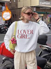 كنزة نسائية بياقة دائرية مبطنة بالصوف للخريف/الشتاء، طباعة LOVER GIRL، أسلوب Y2K - أبيض - مشاهدة 9
