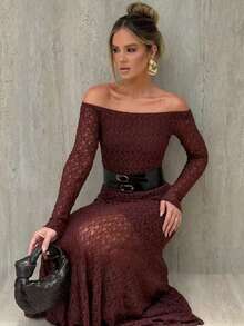 Elegant Women's Burgundy Cold Shoulder Knit Lace Long Sleeve A-Line Flared Dress, Perfect For Parties Or Formal Occasions, Slimming Formal Style - Burgundy - View 7