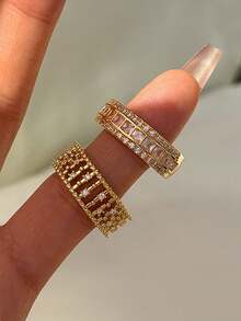 Set Cincin Tembaga Terbuka Rantai Berongga Zirkonia Kubik Modis 3 Buah, Cocok untuk Pakaian Pesta dan Jamuan Wanita - Yellow Gold - View 6