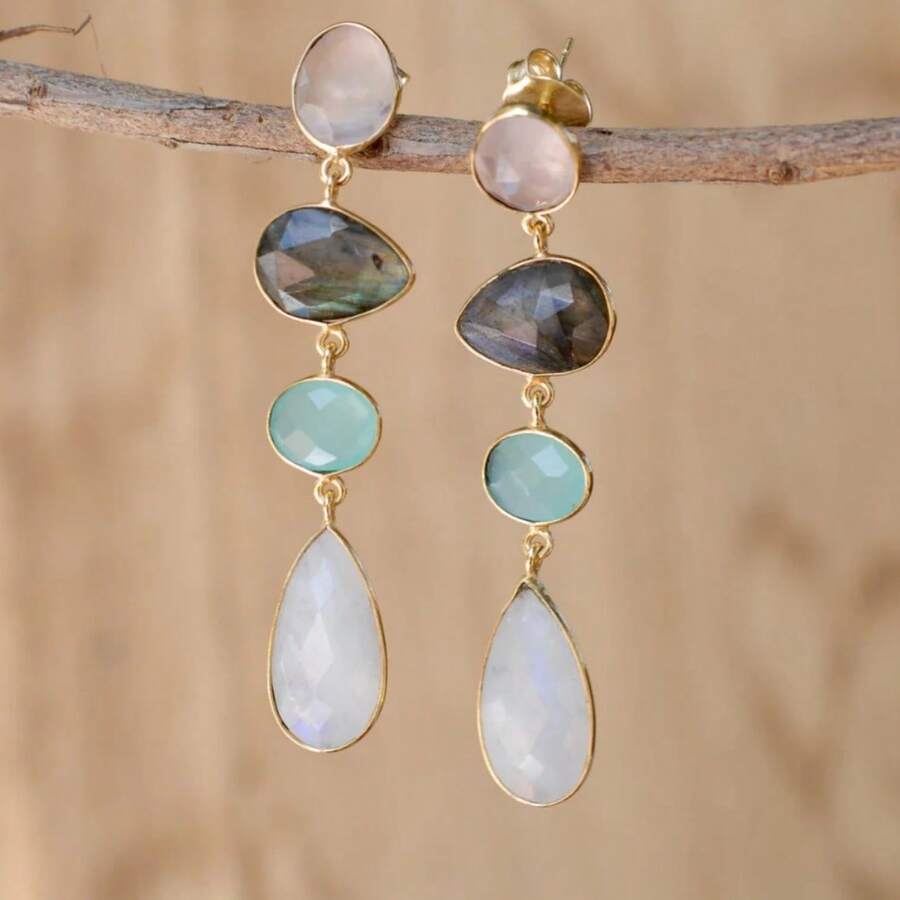 Women Golden Long Drop Earrings, Colorful Synthetic Zirconia Decor, Stylish Wedding Accessory & Jewelry Gift - Multicolor - View 1