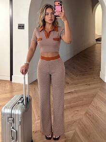 Casual Autumn Women's Striped 2 Pieces Set, Short Sleeve Shirt Collar Crop Top With Matching Wide Leg Pants, Slightly Stretchy Fabric - Burnt Orange - View 5