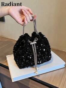 Bucket Bag Black Sequin Fabric Metal Chain Pearl Decor Drawstring Handbag Evening Party Wedding Shoulder Crossbody Bag For Women Night Out - Black - View 8