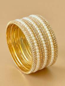 6pcs/Set Elegant Faux Pearl Bracelets Bohemian Style Women's Jewelry, Suitable For Daily Wear, Wedding, Party Accessories - Rhinestone Type - View 4