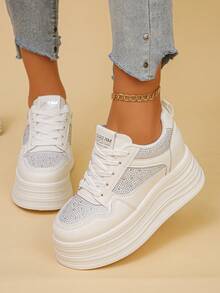 Women's Rhinestone Mesh Thick Sole White Sneakers With Wavy Platform Height-Increasing Lace-Up Breathable Casual Sports Shoes - White - View 5