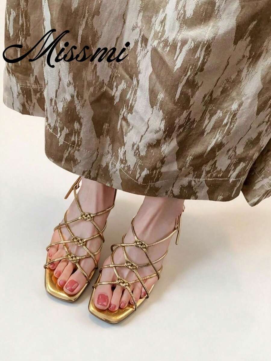 New Handmade French Style Hollow Out Niche Design Sandals, Gold Color For Women Summer Outdoor Wear