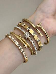 Bộ trang sức vòng tay thép không gỉ thời trang 5 món/3 món/1 món cho tiệc tùng, kỷ niệm sinh nhật và các dịp khác, quà tặng Giáng Sinh - Vàng - Xem 2