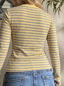 SCARLUX Fall Winter Women Y2K Striped Long Sleeve Tee, Crew Neck Slim Fit Basic Top For Back To School Casual Daily Outfits - Yellow - View 11