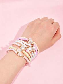 7pcs/Set Star & Heart Pendant Colorful Seed Bead Elastic Bracelets, Multi-Layer Stackable Jewelry For Girls Party - Multicolor - View 4